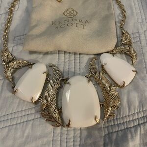 Vintage Kendra Scott Gold Necklace with White Stones and Feather Motif